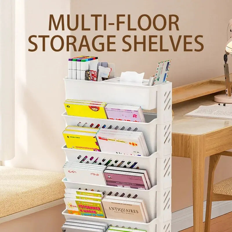 Floor Mounted Movable Bookshelf with Wheels Classroom Desk Storage Rack Study Large Capacity Multi-layer Book Storage Rack